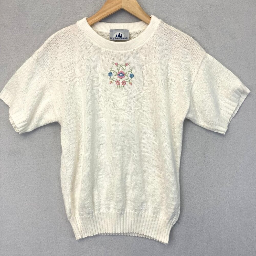 Vintage‎ Bay Point Threads Womens Short Sleeve Sweater Small S White Embroidered